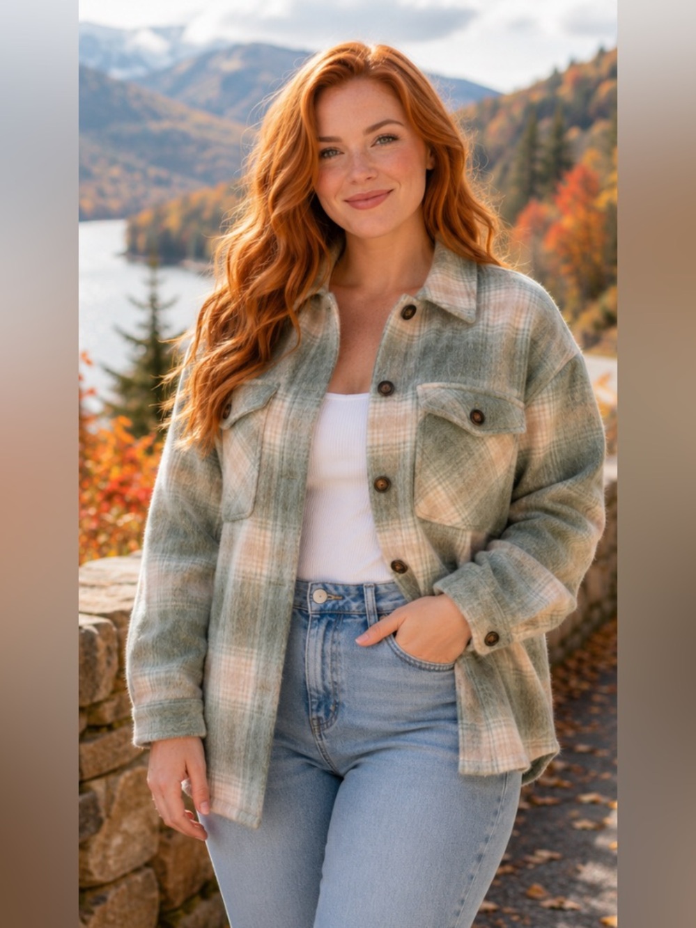 Forever 21 Plaid Shacket in Sage Green and Cream - Picture 1 of 10